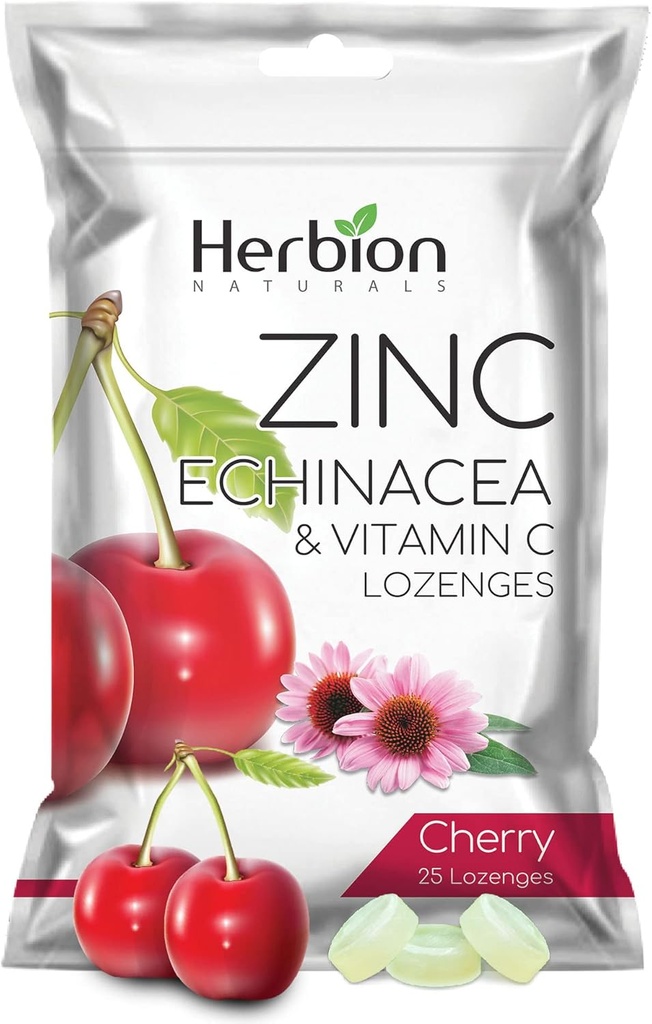 HERBION Naturals Ψευδάργυρος, Εχινάκεια & Βιταμίνη C Lozenges 25 CT, Συμπλήρωμα διατροφής για ενήλικες & παιδιά 5+, Προάγει την ευεξία για όλη την οικογένεια, 25 Count, Cherry, Pack of 1