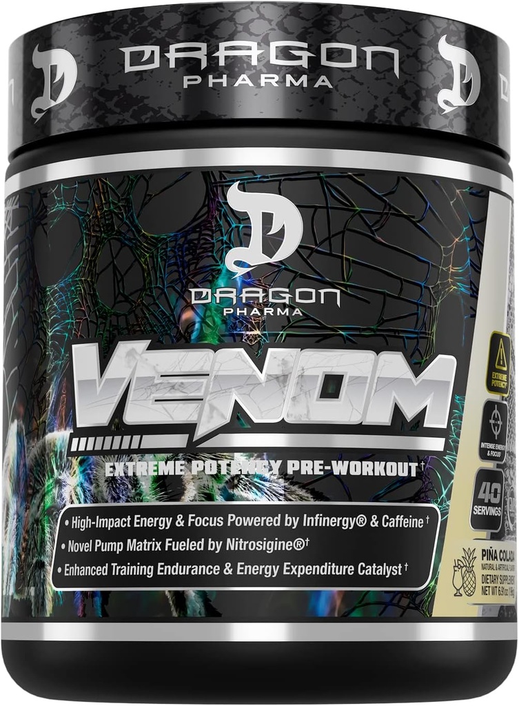 DRAGON PHARMA Venom Extreme Potency Pre-Workout, Laser Sharp Focus + Ενέργεια, Έντονη Απόδοση, Αποδεδειγμένα Συστατικά για την ενίσχυση της αγγειοδιαστολής & αντοχής (40 εξυπηρετούν, Piña Colada)