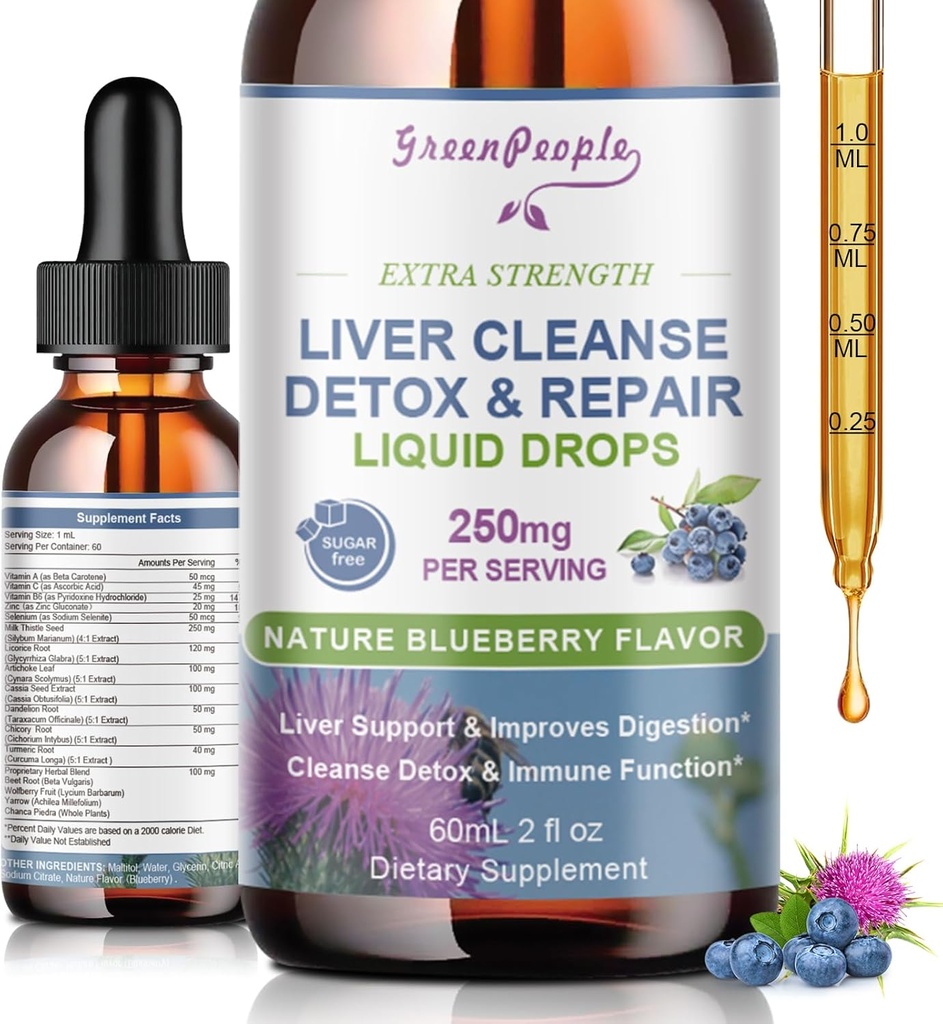 GREENPEOPLE Liver Cleanse Detox & Repair Drops - Συμπλήρωμα ήπατος w/Milk Thittle Silymarin, Artichoke & Dandelion για το συκώτι Detox & Υποστήριξη- 16x Ισχυρό βότανα-Nutrients - 2Fl Oz άρωμα βατόμουρο