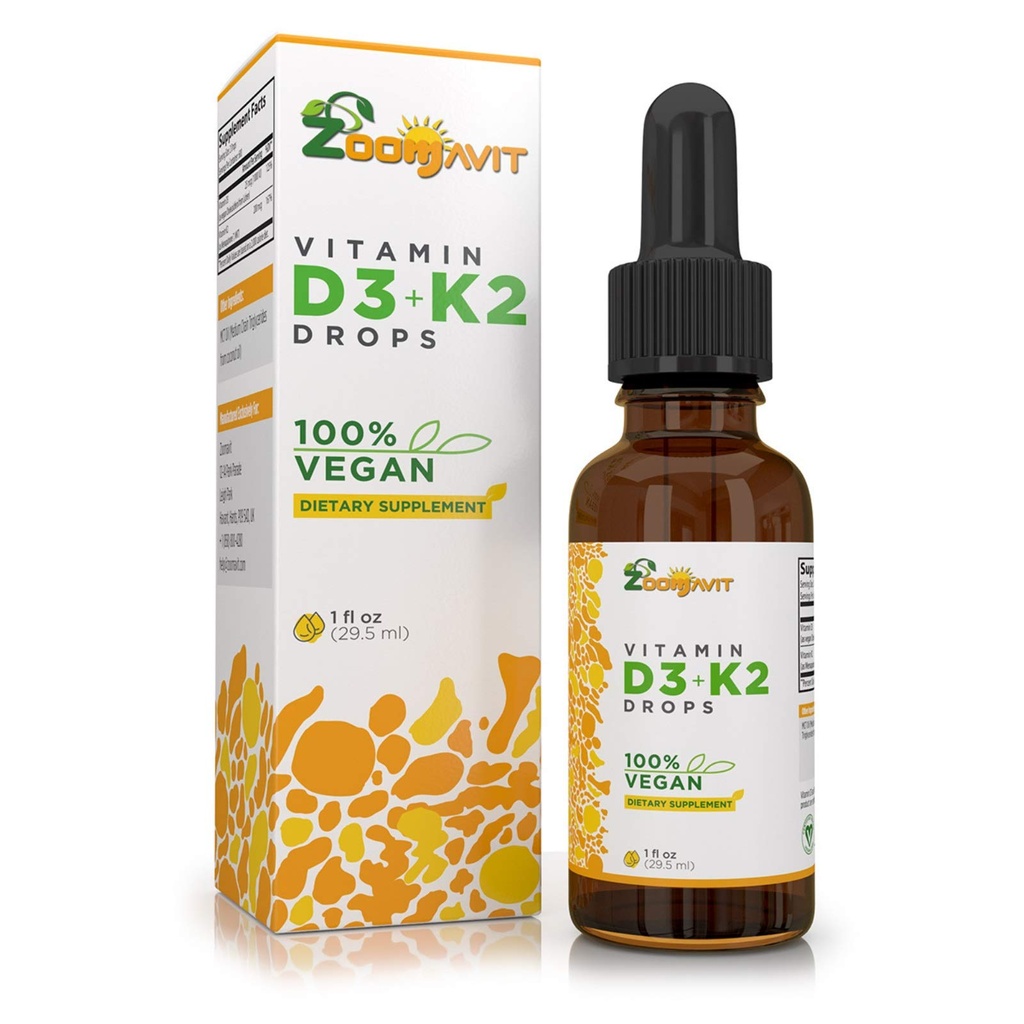 Vegan Liquid Drops Βιταμίνη D3 K2 (MK7) - 100% Φυτική βάση Υγρή βιταμίνη D Ενισχυμένη με λάδι καρύδας για μέγιστη απορρόφηση - 1 Serving = 1000 IU VIT D3 και 200 mcg VIT K2