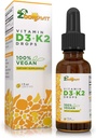 Vegan Liquid Drops Βιταμίνη D3 K2 (MK7) - 100% Φυτική βάση Υγρή βιταμίνη D Ενισχυμένη με λάδι καρύδας για μέγιστη απορρόφηση - 1 Serving = 1000 IU VIT D3 και 200 mcg VIT K2