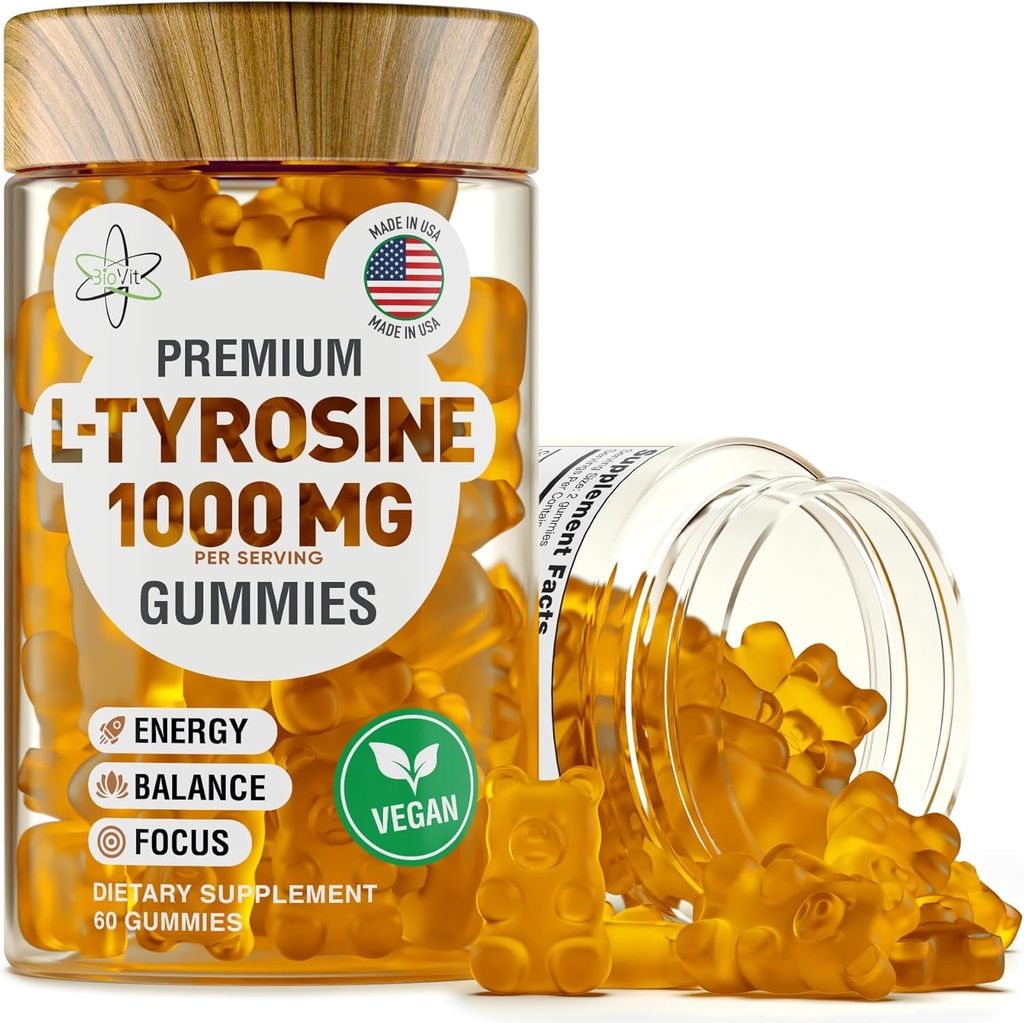 BioVit L Tyrosine Gummies - Ενεργοποιημένο συμπλήρωμα Amino Acid L Tyrosine - Φυσικό συμπλήρωμα εστίασης, διάθεσης και ενέργειας για παιδιά και ενήλικες - L-Tyrosine 1000MG ανά υπηρεσία, 500MG ανά gummy - 60 Vegan Gummies