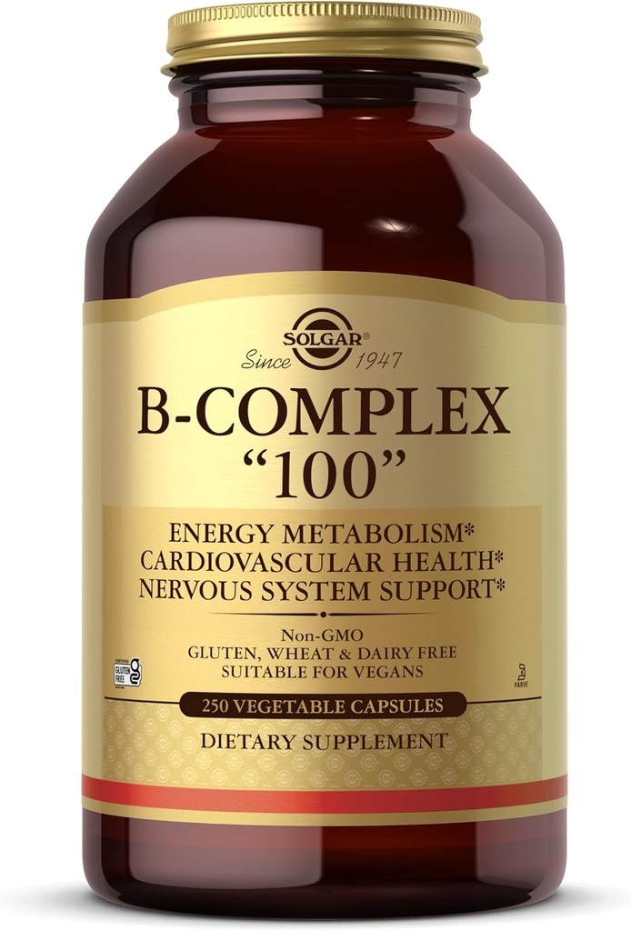 Solgar B-Complex "100", 250 Vegetable Capsules - Nervous System Support - Supports Energy Metabolism - Non-GMO, Vegan, Gluten Free, Dairy Free, Kosher - 250 Servings