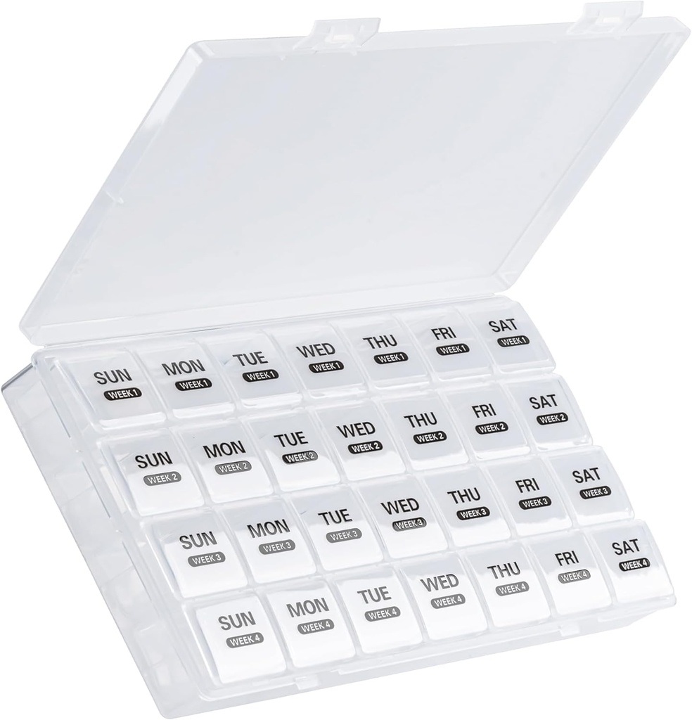 Μηνιαία Pill Organizer, 28 Day Pill Box 1 Time a Day with Dust-Proof Case, Large 4 Weeks a Month Pill Case Container, Daily Vitamin Case Box for Pills/Medicine/Fish Oil/Supplements(White)