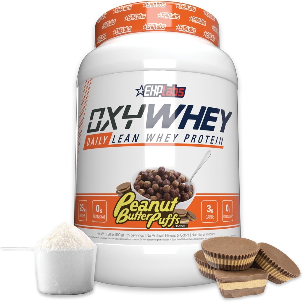 EHP Labs OxyWhey Whey Protein Isolate – 25g High Protein, Low Carb, Sugar Free Meal Replacement – Lean Whey Powder for Muscle Recovery – Non-GMO, Gluten Free – 25 Serves – Peanut Butter Puffs