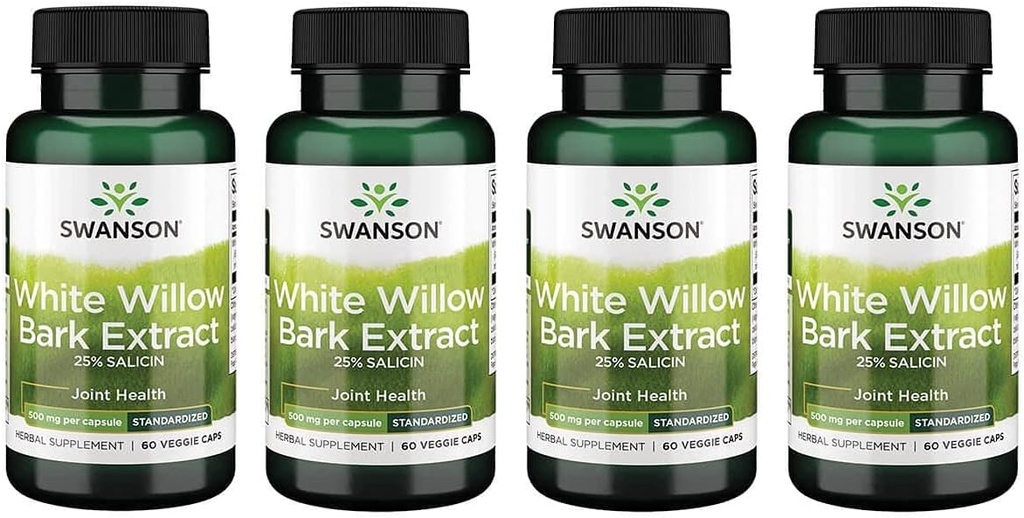 Swanson Maximum Strength White Willow Bark Extract-Promotes Joint Support & Muscle Relief-Standardized to 25% Salicin-Natural Supplement with No Stomach Irritation (60 Veggie Caps, 500mg Each) 4 Pack