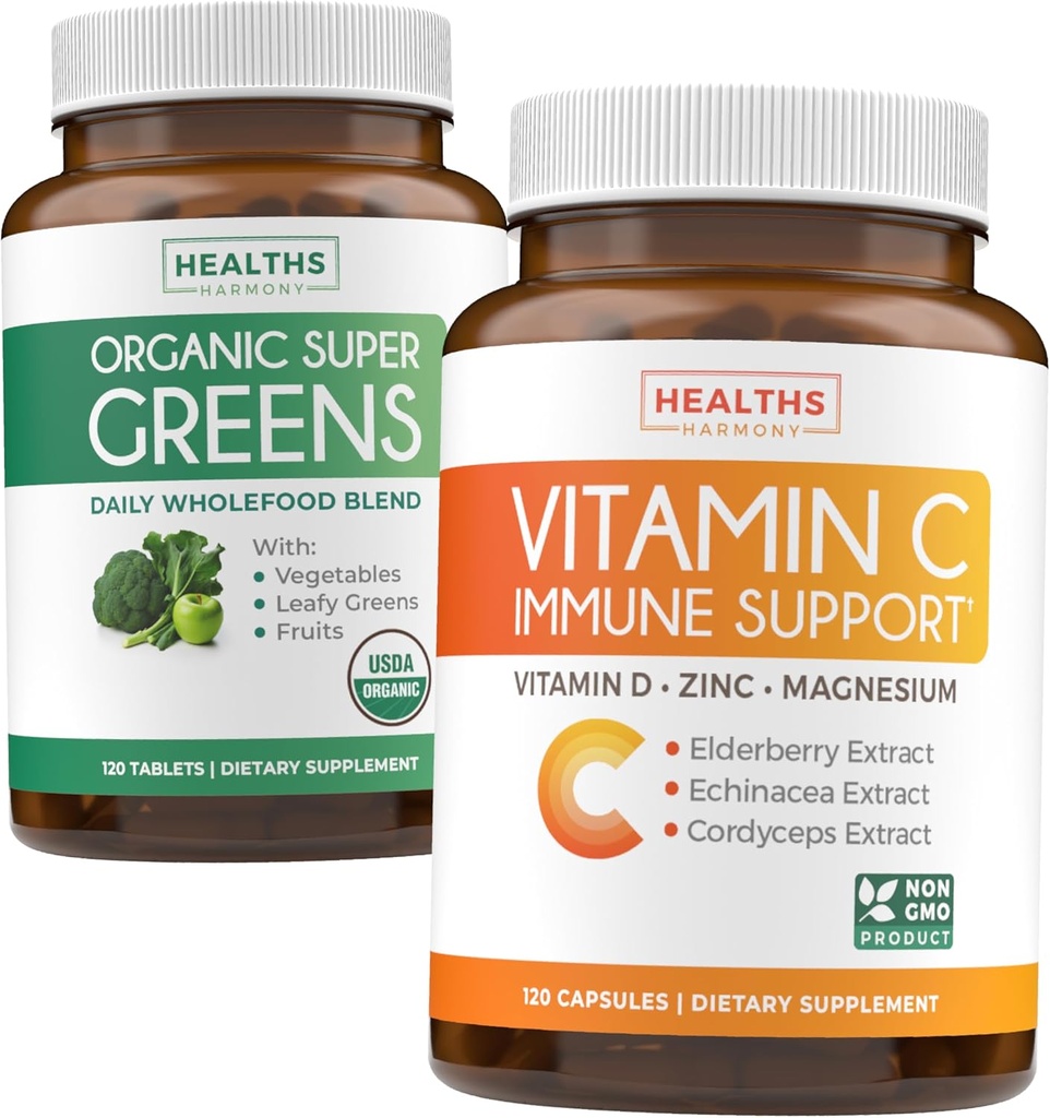 Super Greens & Vitamin C (2-Month Supply) Super C Greens Bundle of Organic Super Greens Powder - Πλήρης Superfood (120 Κάψουλες) & & Βιταμίνη C Ανοσολογική Υποστήριξη (120 Καψάκια Χορτοφαγικής)