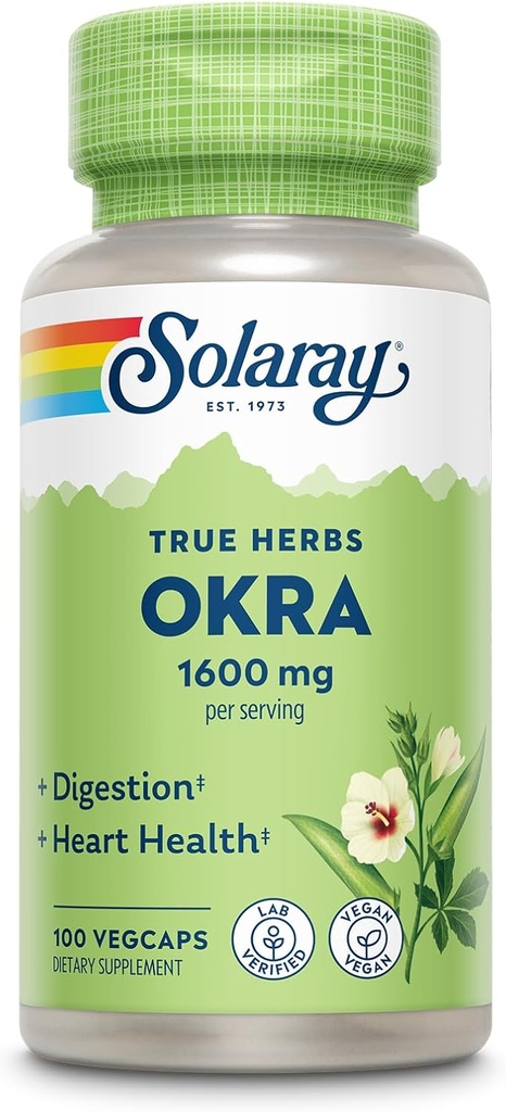 SOLARAY Okra Fruit 1600 mg - High Fiber Supplement for Wellness Support - Πλούσια πηγή διαλυτικών ινών - Ισοδύναμο 6,4 g φρέσκων Okra per Serving, Vegan, 60-Day Εγγύηση - 25 εξυπηρετήσεις, 100 VegCaps