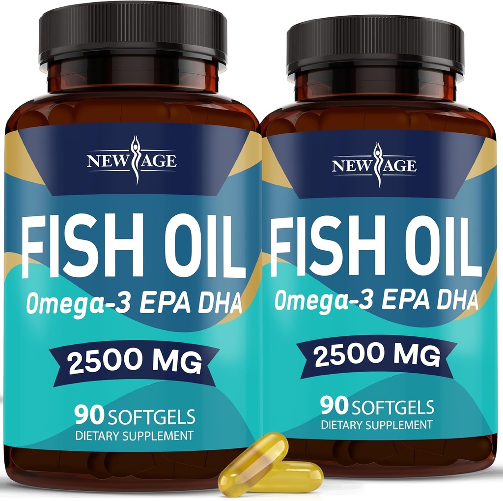 Νέο Ωμέγα 3 Fish Oil 2500mg συμπλήρωμα μη ΓΤΟ - EPA, DHA λιπαρά οξέα Χωρίς γλουτένη (180 Softgels (Pack of 2))