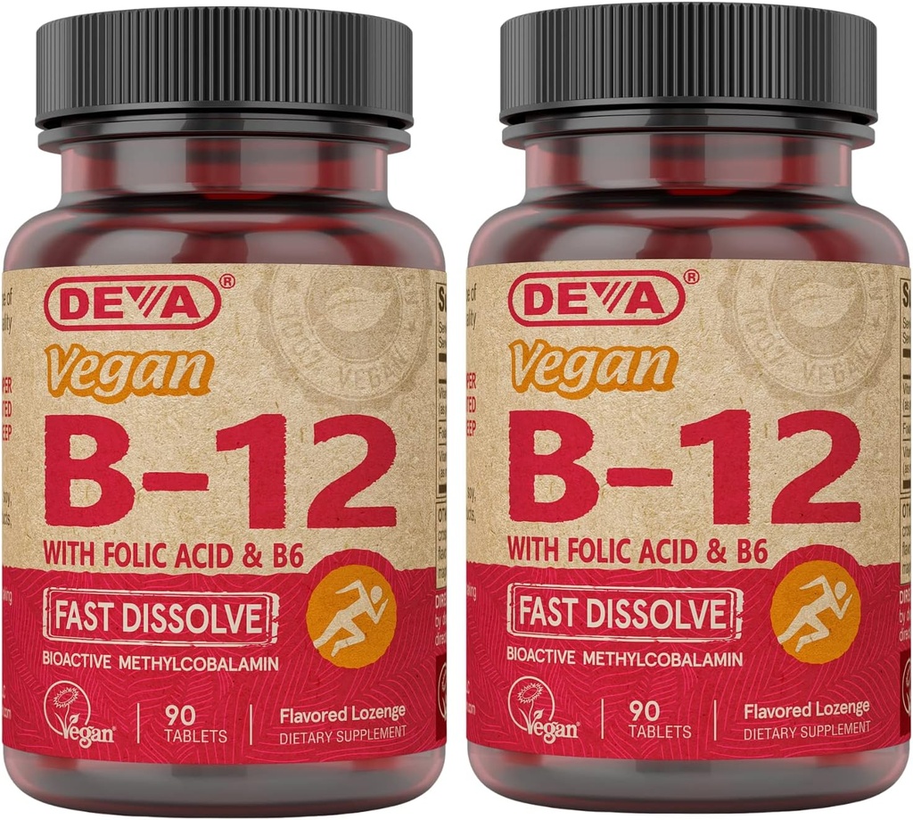 DEVA Vegan Vitamin B12 Fast Dissolve Supplement - Once- Per-Day Complex με 1000 McG Methylcobalamin B12, Folic Acid, B6 - Lemon Flavor - 90 Dissolvable Tablets, 2- Pack