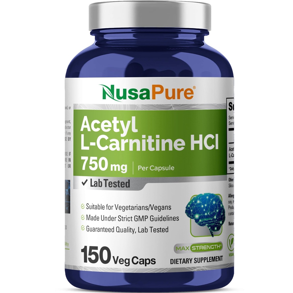 NusaPure Acetyl L-καρνιτίνη 750mg ανά Caps 150 Κάψουλες Veggie (Non-GMO, Vegan) Υψηλή ισχύς Acetyl L Carnitine HCL (ALCAR)