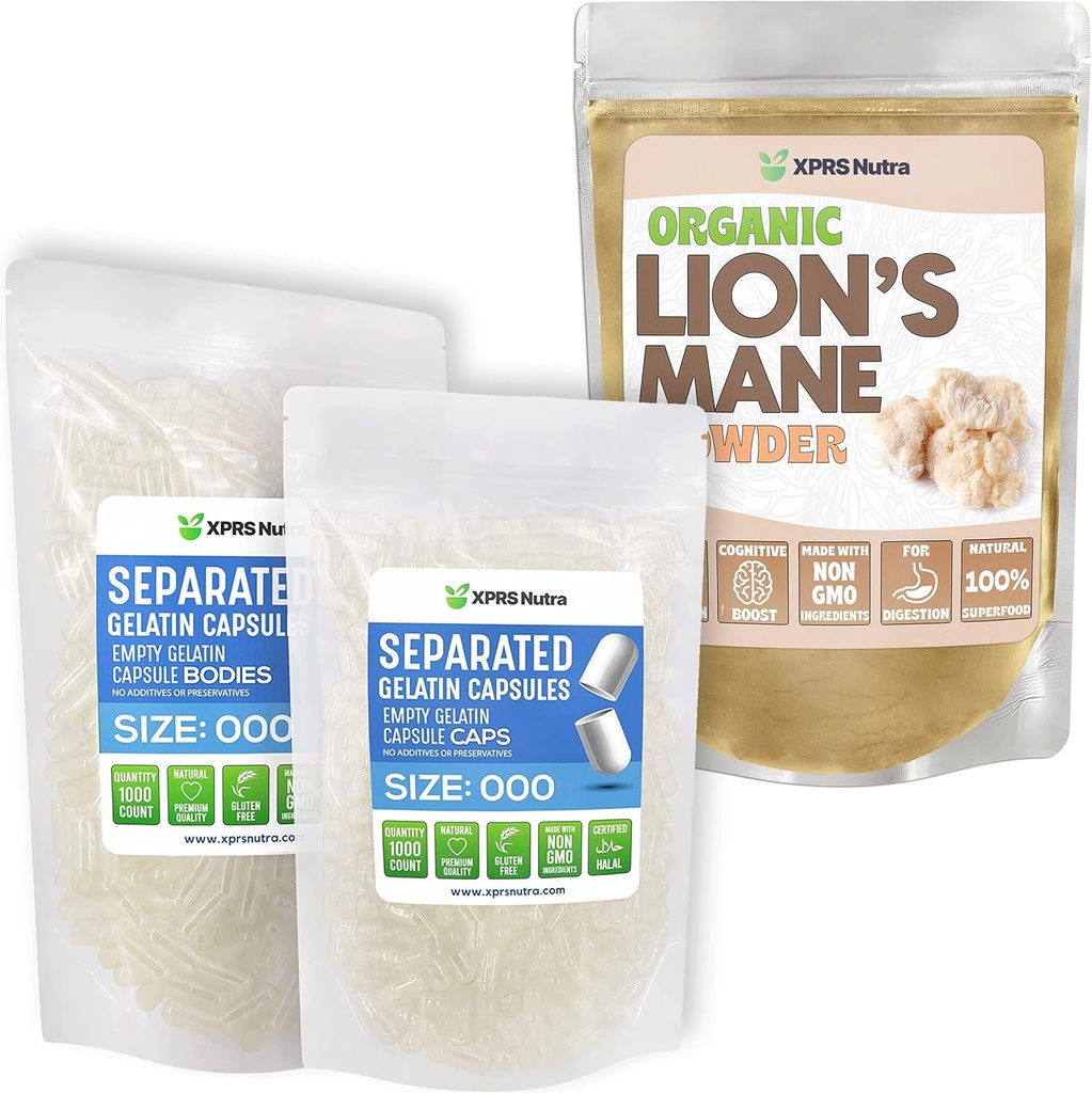 XPRS Nutra Χωριστό μέγεθος 000 κάψουλες (1000 Count) με σκόνη χαίτη Lion (16 ουγγιά) Bundle