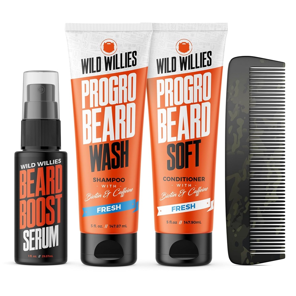 Wild Willies Beard Care Kit, Biotin Ενισχυμένο Σαμπουάν και Conditioner με καφεΐνη, Δύο μπουκάλια 4-Oz, Προάγει την Υγιή Γενετική Ανάπτυξη