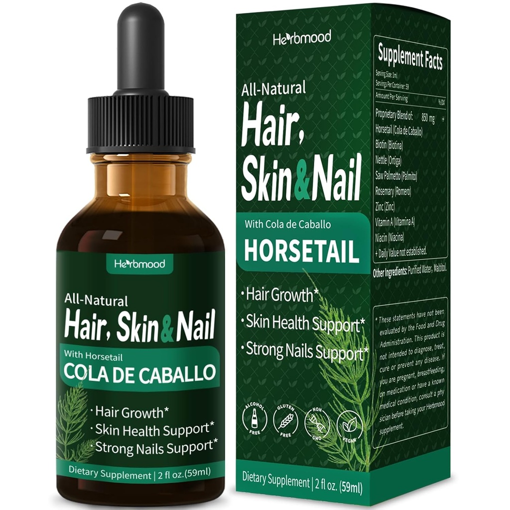 Horsetail Hair, Skin & Nail Liquid Drops, Cola de Caballo, Biotina y Romero, Vitaminas Gotas para el Cabello Uñas y Piel, συμπληρώματα ανάπτυξης μαλλιών για γυναίκες w/Rosemary Extract. 2oz