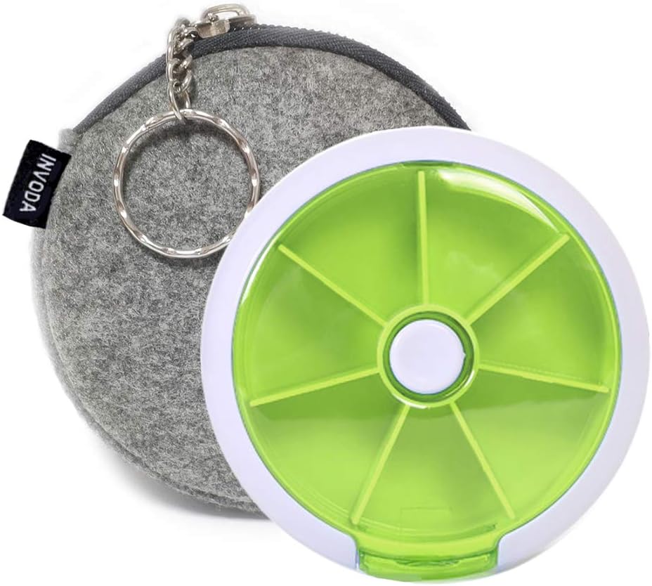 Pill Organizer Weekly,INVODA Pill Case 7 Day 3 Times Medicine Pill Dispenser,Push Button Rotate Pill Planner with 7 Compartments (Green+Dark Grey Bag)