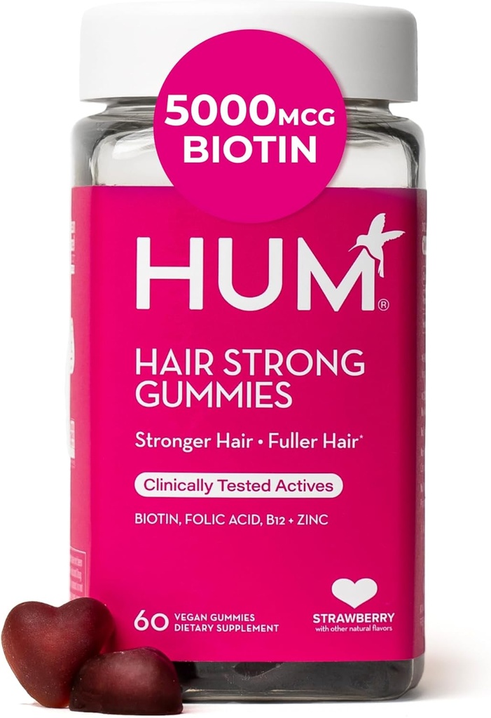 HUM Hair Strong Daily Hair Growth Gummies με Βιοτίνη, Ψευδάργυρο, Βιταμίνη Β12 για την υποστήριξη της ανάπτυξης, Φολικό οξύ & Βιταμίνη Β12 Gummy Βιταμίνες για υγιή υποστήριξη μαλλιών για γυναίκες και άνδρες, 60 Gummies