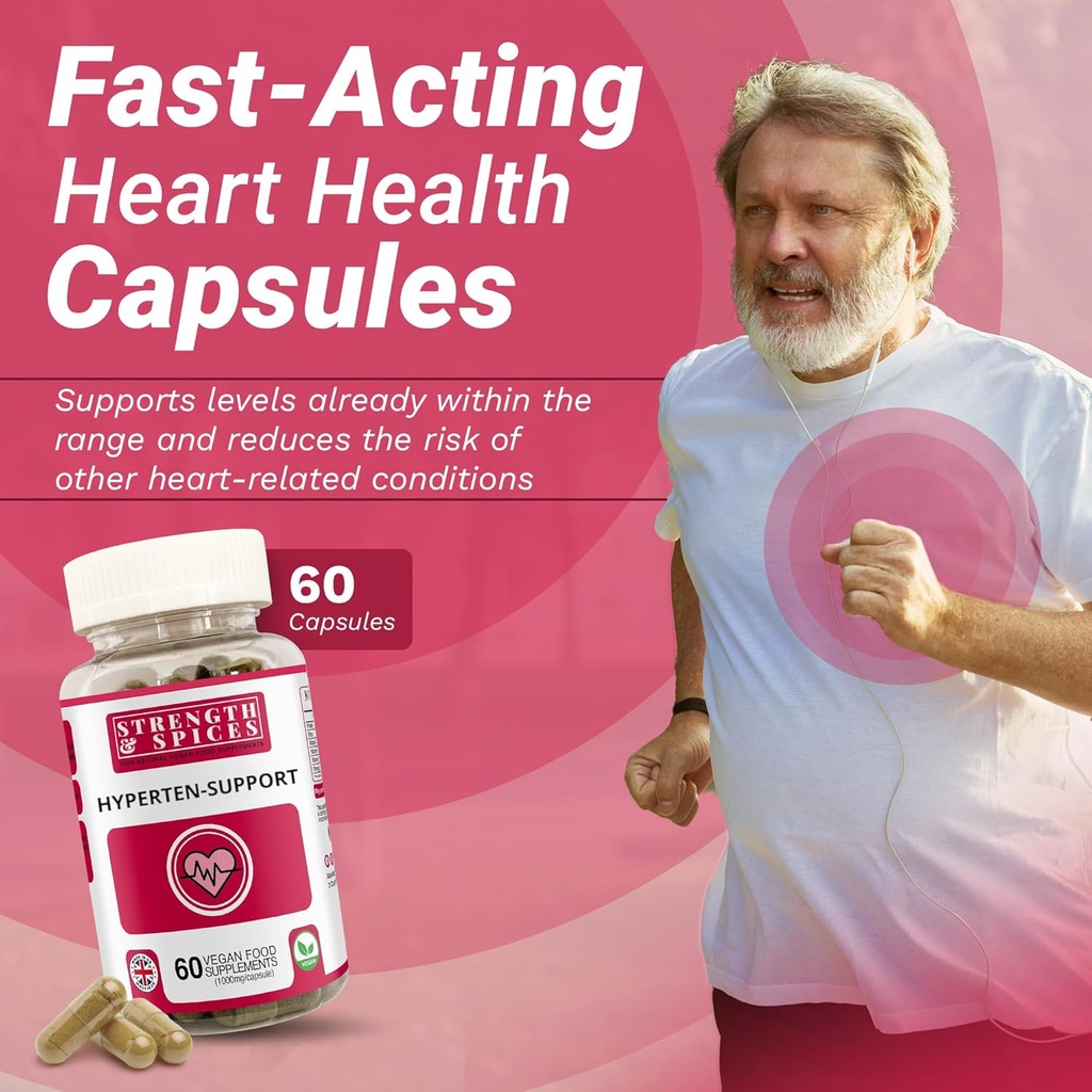 Strength & Spices Hypertensupport 100% Natural Supplement for Immune System & Heart Health – 15 Ingredients w Hawthorn Berry, Grape Seeds & Berries - 60 Vegan UK Made 1000mg Capsules