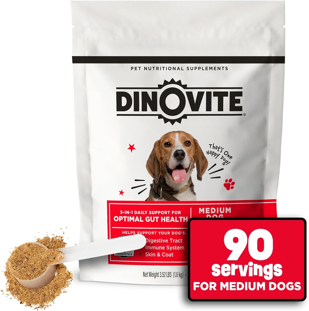 Dinovite 3 σε 1 Probiotic για Medium Dogs, Δέρμα & Coat, Digestive Health & Joint Relief, Dog Food Toppers, Ανοσολογική Υποστήριξη, Αλλεργία Ανακούφιση & Itch Relief Δερματική Φροντίδα, 90 Μερίδες (18-45lb)