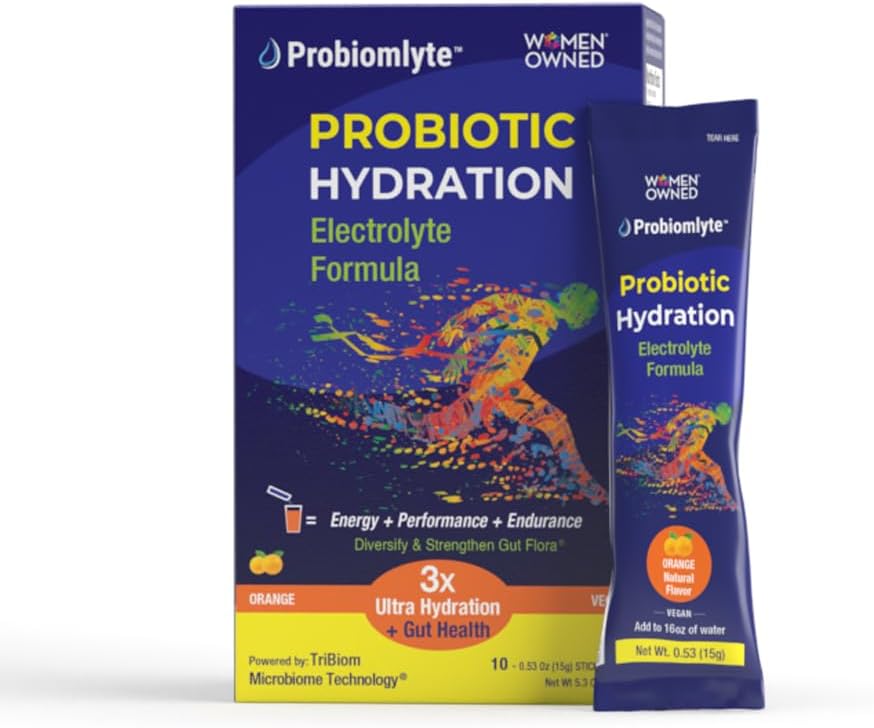 Probiomlyte- Probiotic Hydration Amplifier (Orange) with Patented TriBiom Microbiome Technology for Endurance, Performance, Energy and Gut Health