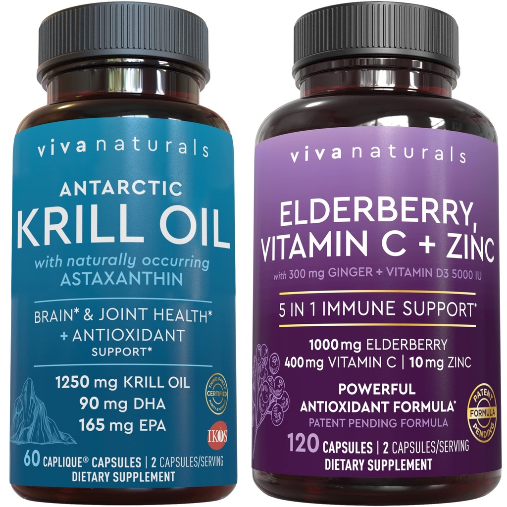 Viva Naturals Ανταρκτική Krill Oil και Elderberry, Βιταμίνη C, ψευδάργυρος και βιταμίνη D3 5000 IU Bundle, 1250 mg Krill Oil Παροχή Omega 3 EPA και DHA για κοινή υγεία, Elderberry για ανοσοποιητική υποστήριξη