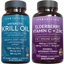 Viva Naturals Ανταρκτική Krill Oil και Elderberry, Βιταμίνη C, ψευδάργυρος και βιταμίνη D3 5000 IU Bundle, 1250 mg Krill Oil Παροχή Omega 3 EPA και DHA για κοινή υγεία, Elderberry για ανοσοποιητική υποστήριξη