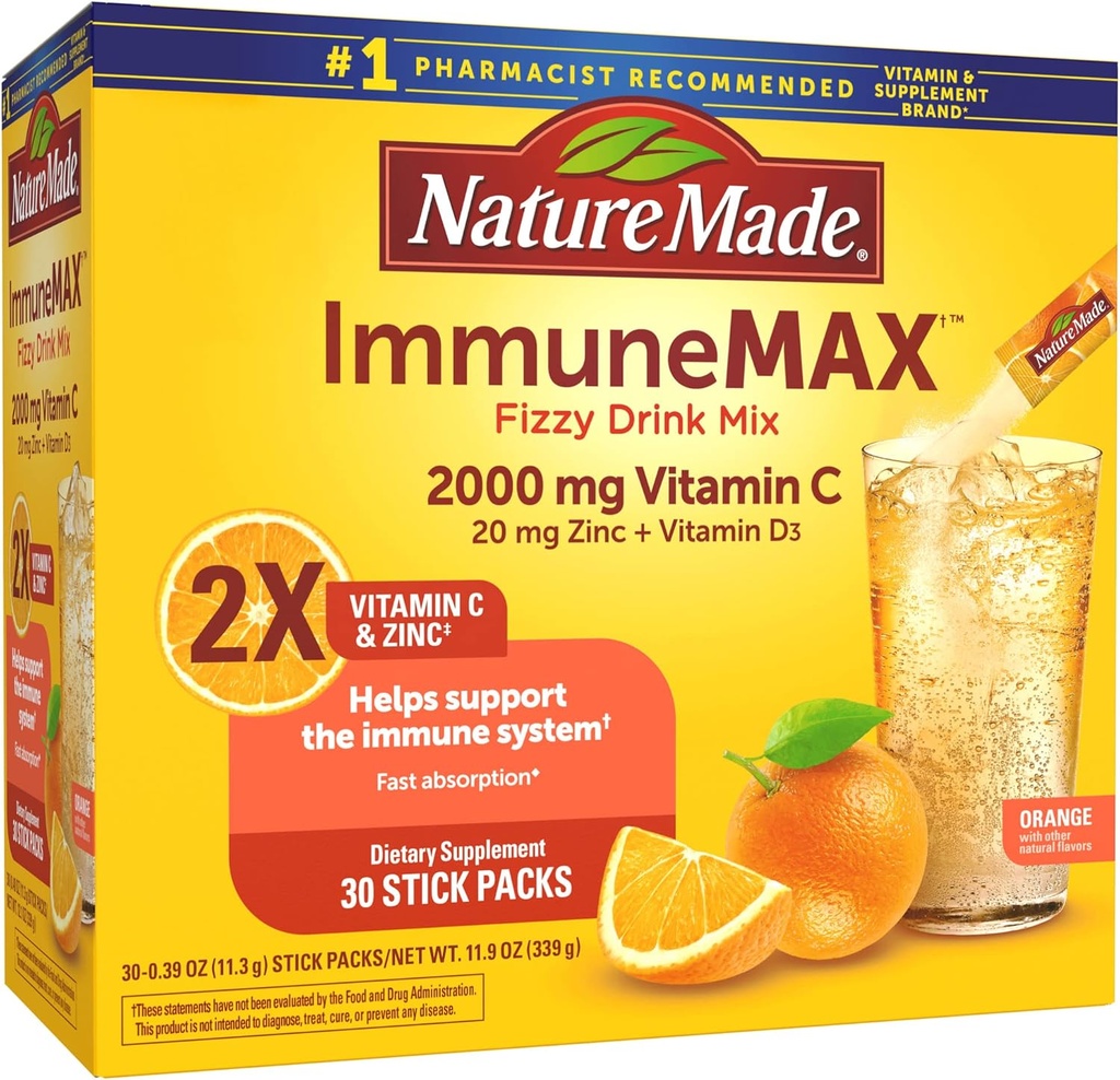 Nature Made ImmuneMAX Fizzy Drink Mix, με βιταμίνη C, βιταμίνη D, και συμπλήρωμα ψευδαργύρου για την ανοσοποιητική υποστήριξη, γρήγορη απορρόφηση, 30 Stick συσκευασίες, 0.4 ουγγιά