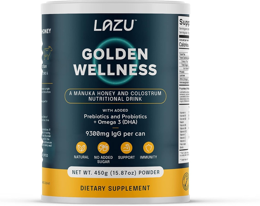 Lazu Golden Wellness Colostrum Supplement,Grass-Fed Bovine Colostrum Powder (310mg IgG & lactoferrin), NZ Monofloral Manuka Honey (200MGO), Βιταμίνες Προάγει την Υγεία των Ούλων & την Αθλητική Απόδοση - 450g