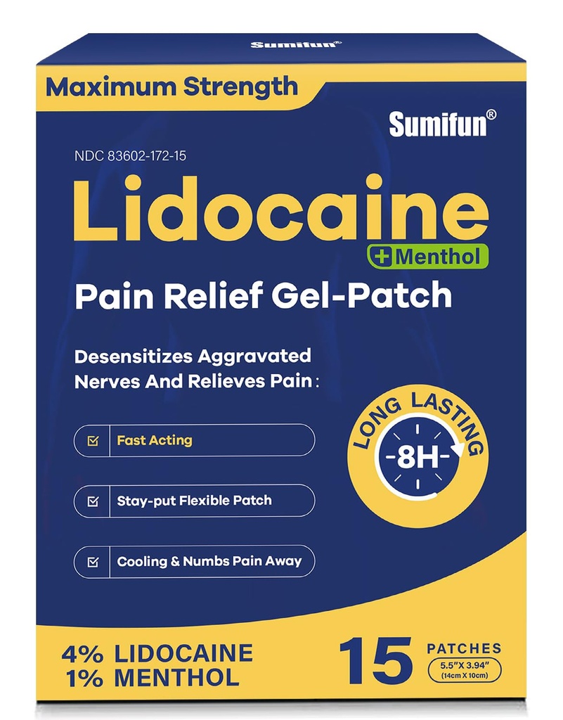 Sumifun 4% Lidocain Patches Plus 1% Menthol - 15 Μετρήσεις Μέγιστη δύναμη OTC Pain Relief Patches για Back Ache Stiff Neck Joint Pain Muscle Soreness Topic Analgesic