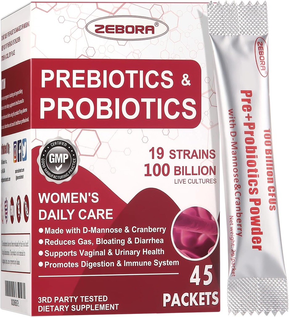 ZEBORA Probiotics-for-Women 100-Billion-CFUs με προβιοτικά, D-Mannose & Cranberry για Digestive, Immune, Γυναικείο UT Health Support, Ultimate Probiotic Women's Care, Soy & Gluten Free, 45 Πακέτα