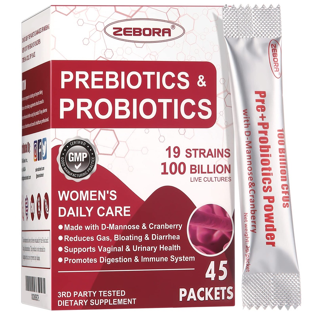 ZEBORA Probiotics-for-Women 100-Billion-CFUs με προβιοτικά, D-Mannose & Cranberry για Digestive, Immune, Γυναικείο UT Health Support, Ultimate Probiotic Women's Care, Soy & Gluten Free, 45 Πακέτα