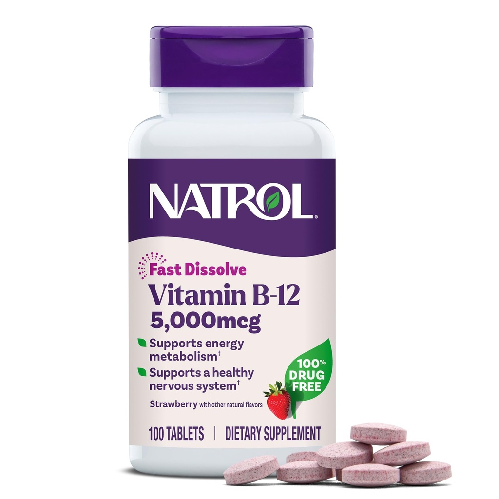 Natrol Βιταμίνη B12 5.000 mcg, γρήγορη διάλυση βιταμίνης B12 συμπλήρωμα Υποστηρίζει ένα υγιές νευρικό σύστημα και την ενέργεια Μεταβολισμός, 100 δισκία, μέχρι 100 ημέρες προσφοράς