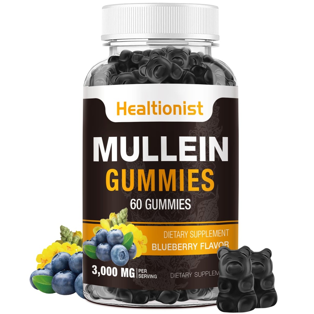 1 Συσκευασία Χωρίς ζάχαρη Gummies Mullein - Lung Cleanse, 3000MG συμπλήρωμα Mullein για το αναπνευστικό, οργανικές σταγόνες Mullein Gummy με Quercetin & Bromelain για τον πνεύμονα, Digestive Health & Immune 90Ct