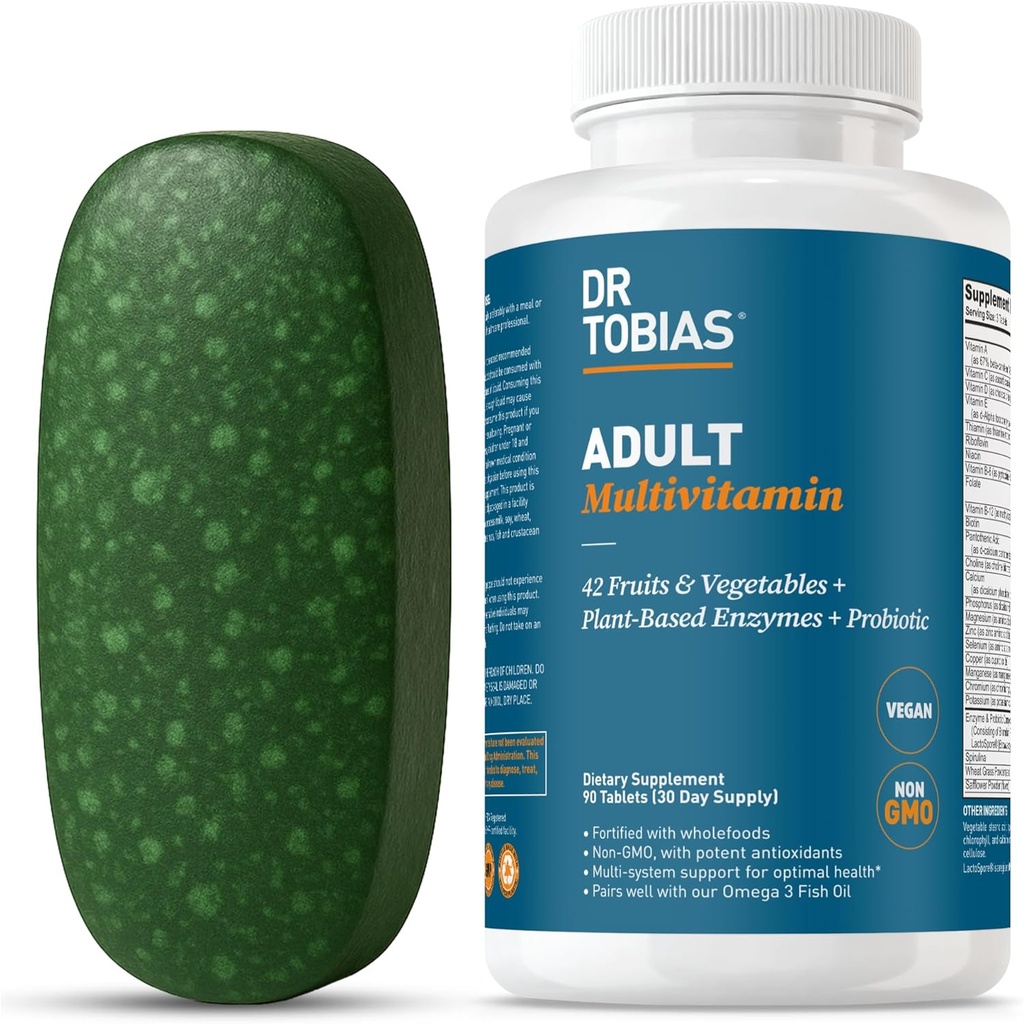 Dr. Tobias Adult Multivitamin for Women & Men, Immune Supporting Vitamins from 42 Fruits, Vegetables, Plus Probiotics, Vegan Multivitamins for Men & Women, Non-GMO, 90 Tablets, 30 Servings
