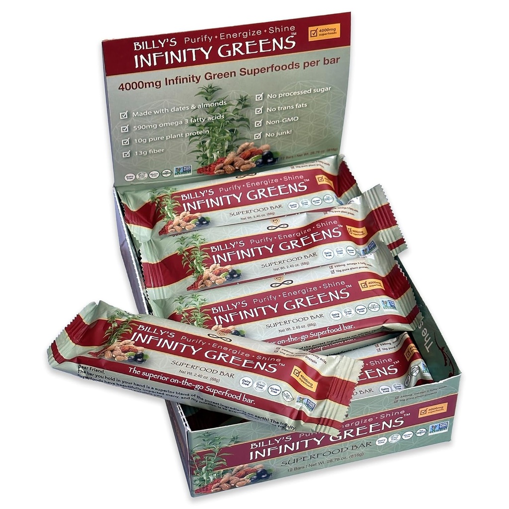 Infinity Greens Superfood Bars, Plant Based Meal Replacement Bar με 4000mg Infinity Greens Superfood Powder, Organic, Raw, Gluten Free, Non GMO (12 Bars)