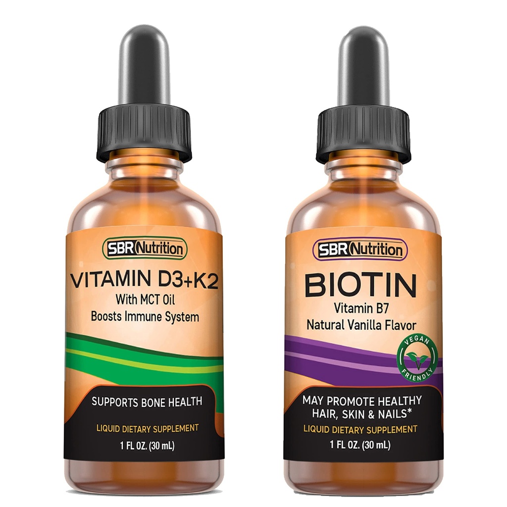 SBR Διατροφή D3+K2 και Biotin Bundle Βιταμίνη D3K2 (MK7) Υγρές σταγόνες, μέντας, 1oz 
