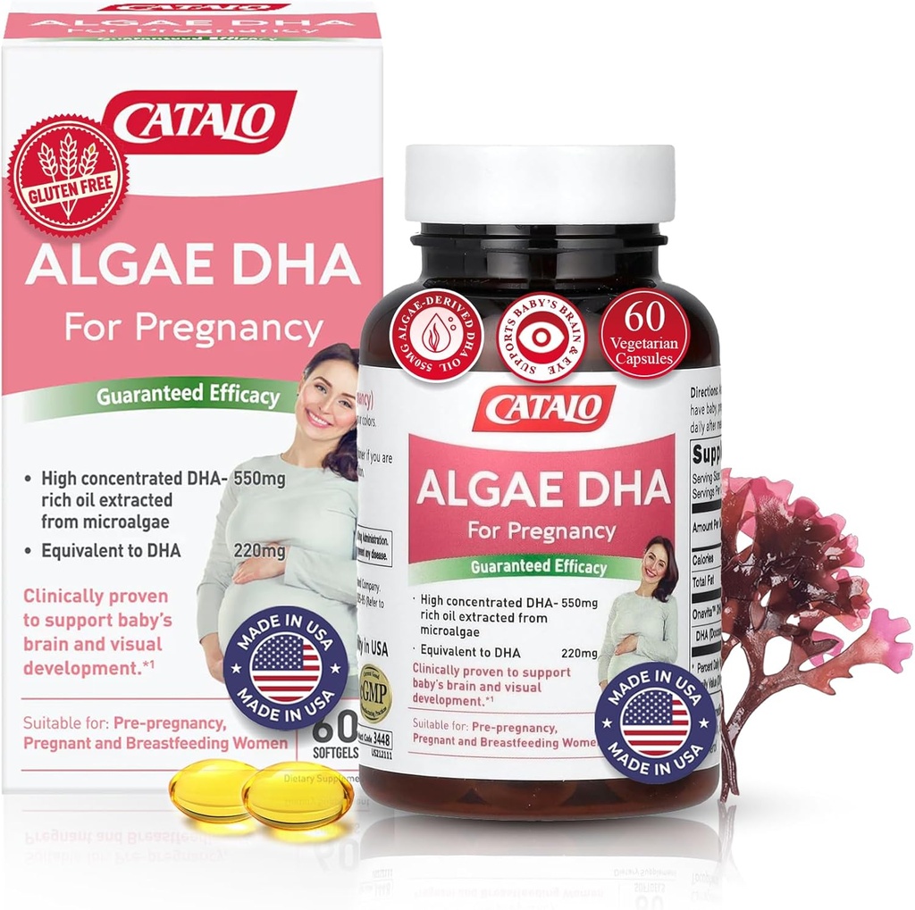 CATALO Omega 3 Algae DHA για γυναίκες - 550mg DHA-Rich Oil από μικροφύκη, Ιδανικό για προγεννητικό, Εγκυμοσύνη & Θηλασμό, χορτοφαγικά Softgels, Χωρίς γλουτένη - 60 Softgels