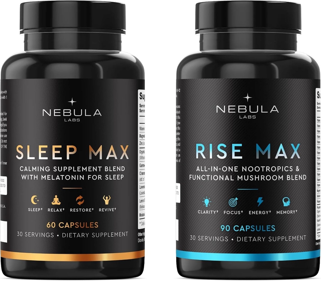 Bestseller ύπνου MAX & Rise MAX Professional Bundle All-in-One Premium Nootropics & Λειτουργική Mushroom Blend & Calming Blend για ύπνο