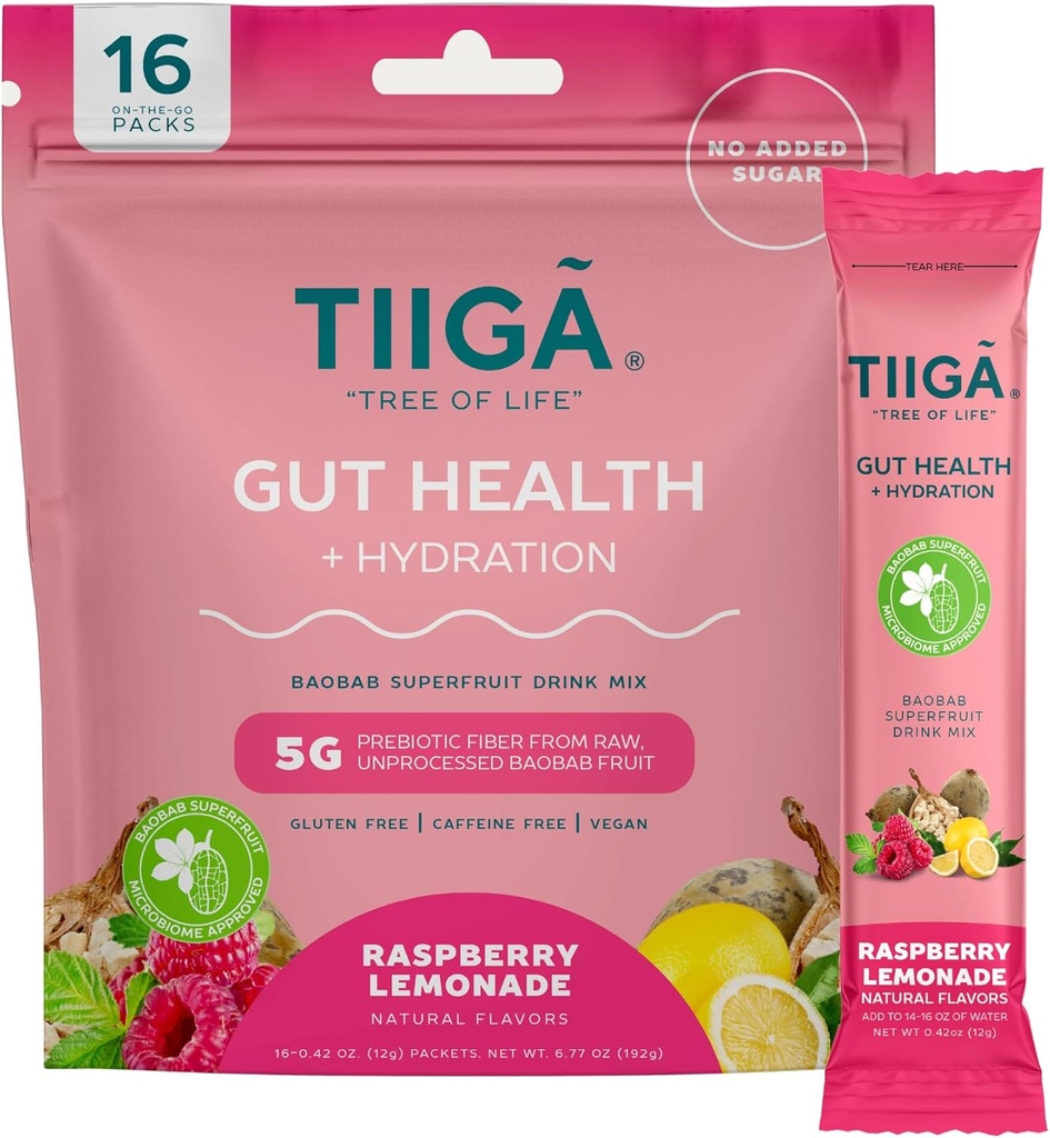Tiiga Gut Υγεία + Ενυδατικό ποτό Μίγμα – 7g Baobab, 5g Προβιοτικές Ίνες, Ηλεκτρόλυτες, Όχι Γαλακτοκομικά, Vegan, Όχι Προστιθέμενη Ζάχαρη, Πέψη, Κανονικότητα, & Δυσκοιλιότητα – 16 Σερβιέτες