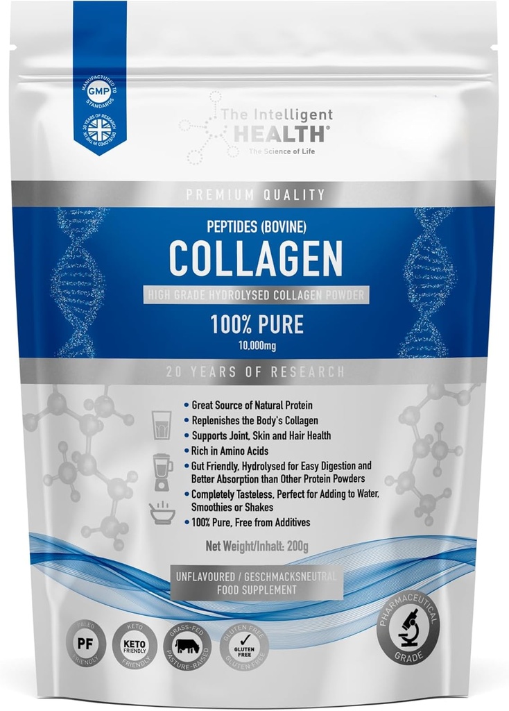 The Intelligent Health Hydrolyzed Collagen Peptides Peptides σκόνη, χόρτο Fed, υψηλή πρωτεΐνη, χωρίς γεύση, χωρίς γλουτένη, Παλαιό & Κέτο φιλικό, 10g ανά υπηρεσία (200g) Υποστηρίζει δέρμα, μαλλιά, νύχια, αρθρώσεις, & οστά