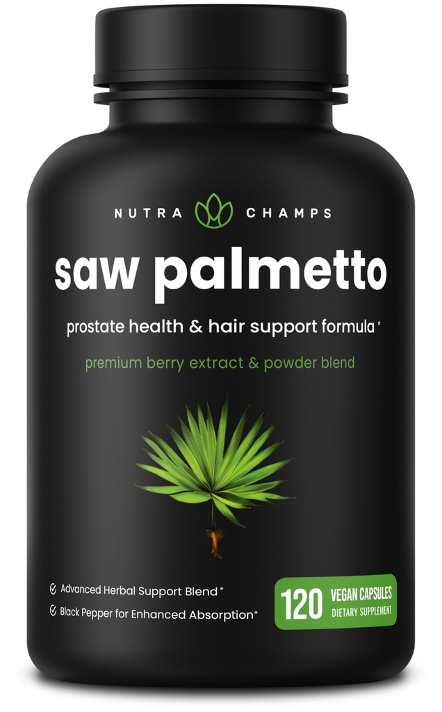 NutraChamps Saw Palmetto συμπλήρωμα για την υγεία του προστάτη [Extra Strength] 600mg Complex με εκχύλισμα, Berry σκόνη & βότανα - Υποστηρίζει υγιή ούρηση Συχνότητα, 120 κάψουλες