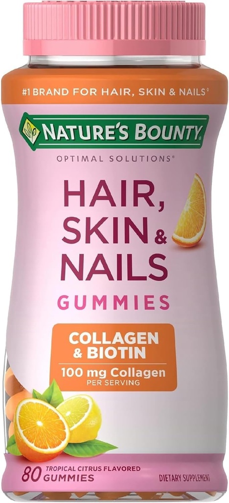 Nature's Bounty Hair, Skin & Nails with Biotin and Collagen, Υποστηρίζει το δέρμα των μαλλιών και την υγεία των νυχιών, 2500 mcg, Citrus Flavored Gummies, 140 Ct