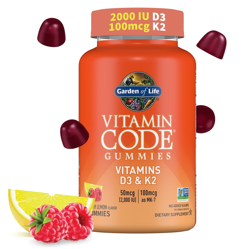 Garden of Life Vitamin Code D3 & K2 Gummies with Prebiotics and Probiotics - Bone Health, Immune Health, and Digestive Support, Non-GMO, Gluten-Free, Raspberry Lemon Flavor, 45 Gummies