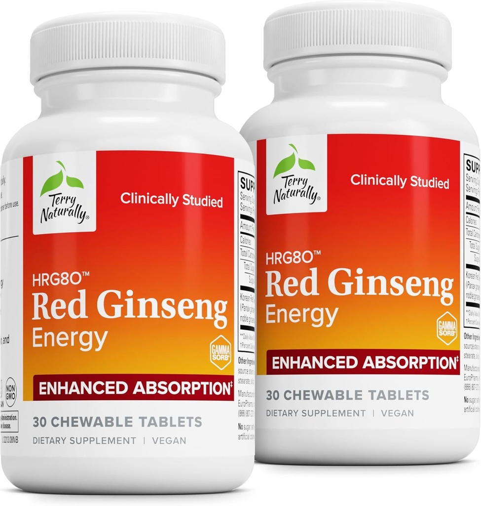 Terry Φυσικά HRG80 Red Ginseng Ενέργεια - Υποστήριξη Υγιεινή Ενέργεια & Εστίαση - συμπλήρωμα βοτάνων με κορεατική κόκκινη σκόνη ρίζας Ginseng - δισκία για να βοηθήσει υγιή αντοχή - 30 Μασώμενα δισκία (πακέτο του 2)