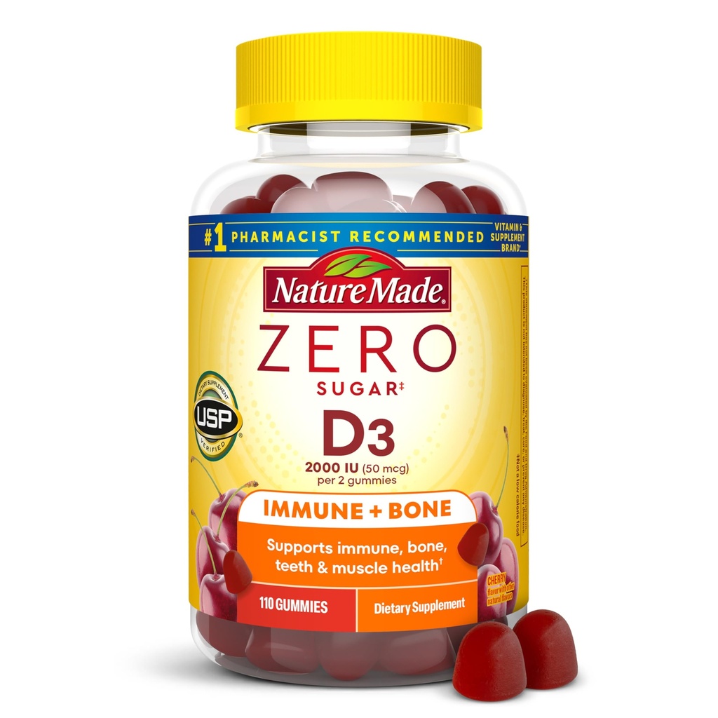 Nature Made Zero Sugar Vitamin D3 Gummies 2000 IU (50 mcg) Per Serving, Οστική & Ανοσολογική Υποστήριξη, Ασπαρτάμη Δωρεάν, 110 Βιταμίνη D Gummies, 55 Ημέρα προσφοράς
