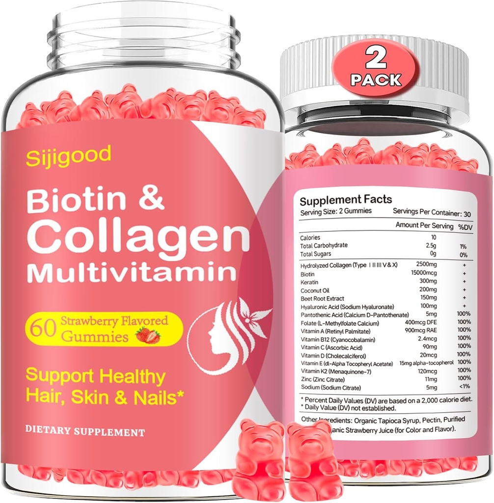 2 Πακέτο Κολλαγόνο Gummies για γυναίκες άνδρες, Hydrolyzed Collagen Peptides Τύποι I,II,III,V,X με Biotin & Hyaluronic Acid, Βιταμίνες C A D E B12 K2 Υποστήριξη, Ζάχαρη-δωρεάν για το δέρμα νύχια μαλλιών Ανοσία Ενέργεια