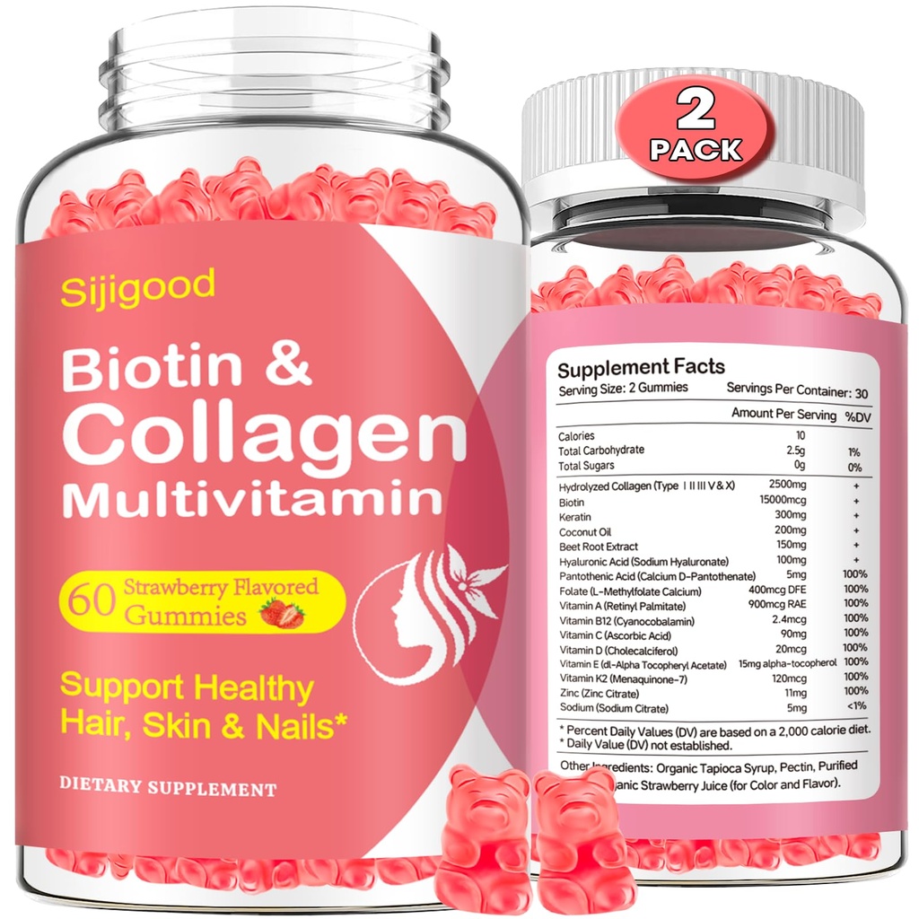 2 Πακέτο Κολλαγόνο Gummies για γυναίκες άνδρες, Hydrolyzed Collagen Peptides Τύποι I,II,III,V,X με Biotin & Hyaluronic Acid, Βιταμίνες C A D E B12 K2 Υποστήριξη, Ζάχαρη-δωρεάν για το δέρμα νύχια μαλλιών Ανοσία Ενέργεια