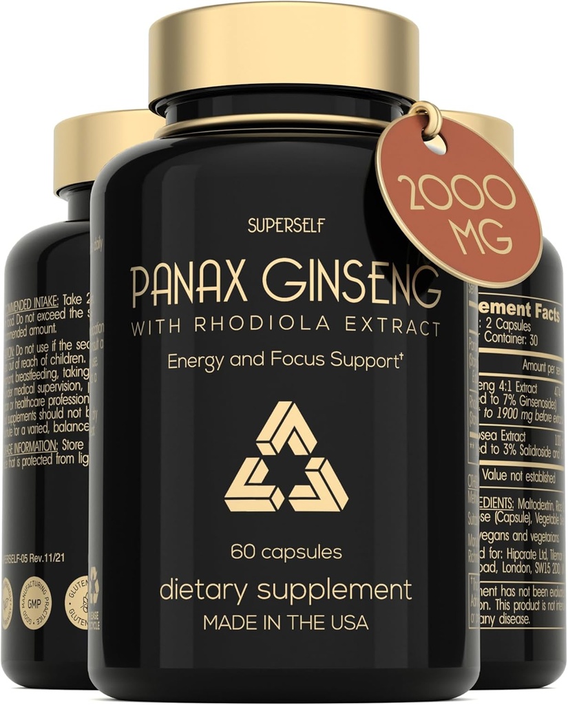 Panax Ginseng και Rhodiola Rosea 2000mg - Κορεάτικη Ginseng Υψηλής Δύναμης 60 Κάψουλες - συμπλήρωμα βοτάνων για άνδρες και γυναίκες - Ενεργειακό σύμπλεγμα με εκχύλισμα ρίζας Ginseng Τυποποιημένο 7% Ginsenosides - US Made