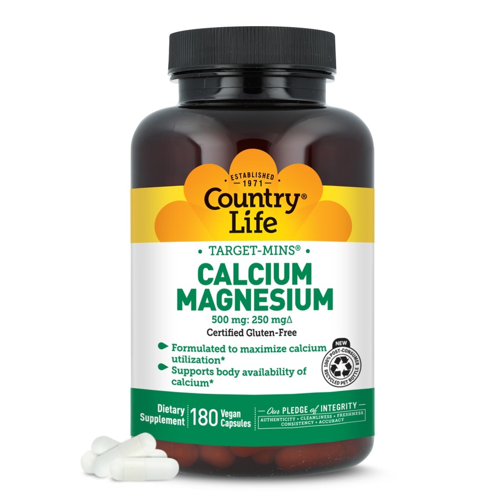 Country Life Target-Mins Calcium Magnesium Complex - 1000mg Ασβέστιο, 500mg Μαγνήσιο, χωρίς γλουτένη συμπλήρωμα για την υγεία των οστών