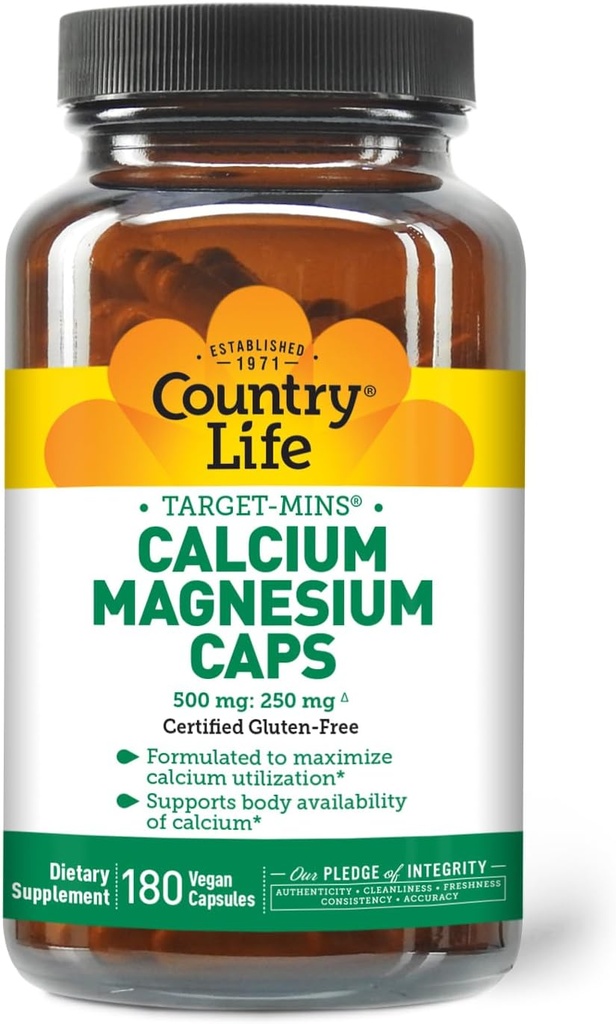 Country Life Target-Mins Calcium Magnesium Complex - 1000mg Calcium, 500mg Magnesium, Gluten-Free Supplement for Bone Health