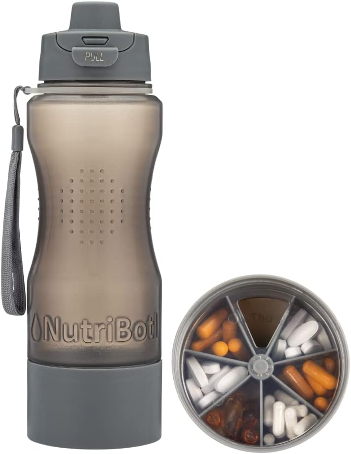 Health Water Bottle Pill Organizer - 33oz Μεγάλη Χωρητικότητα - Θήκη για χάπια Βιταμίνες Συμπληρώματα Φάρμακα - Φορητό 7-Day Pillbox για Ταξιδιωτικό Γυμναστήριο Γραφείο Εξωτερική - w/Easy Carry Strap